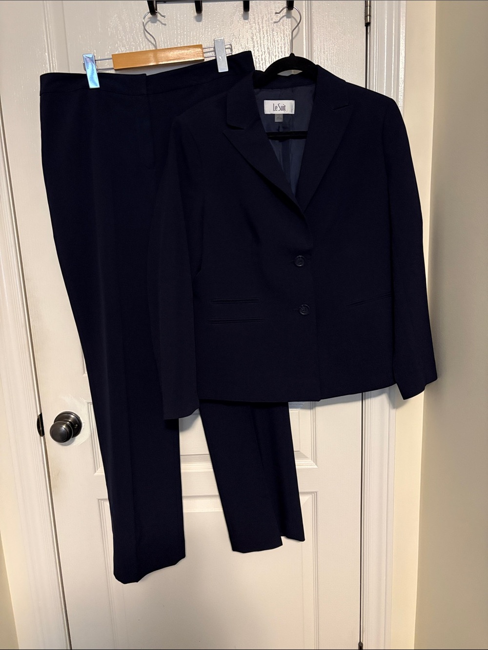 Le Suit Dark Blue Blazer and Trousers Ensemble